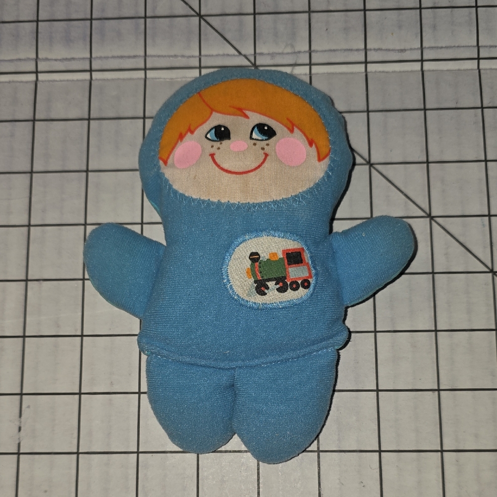 Playskool Blue Boy Plush Rattle Finger Puppet Doll, Vtg 1970s